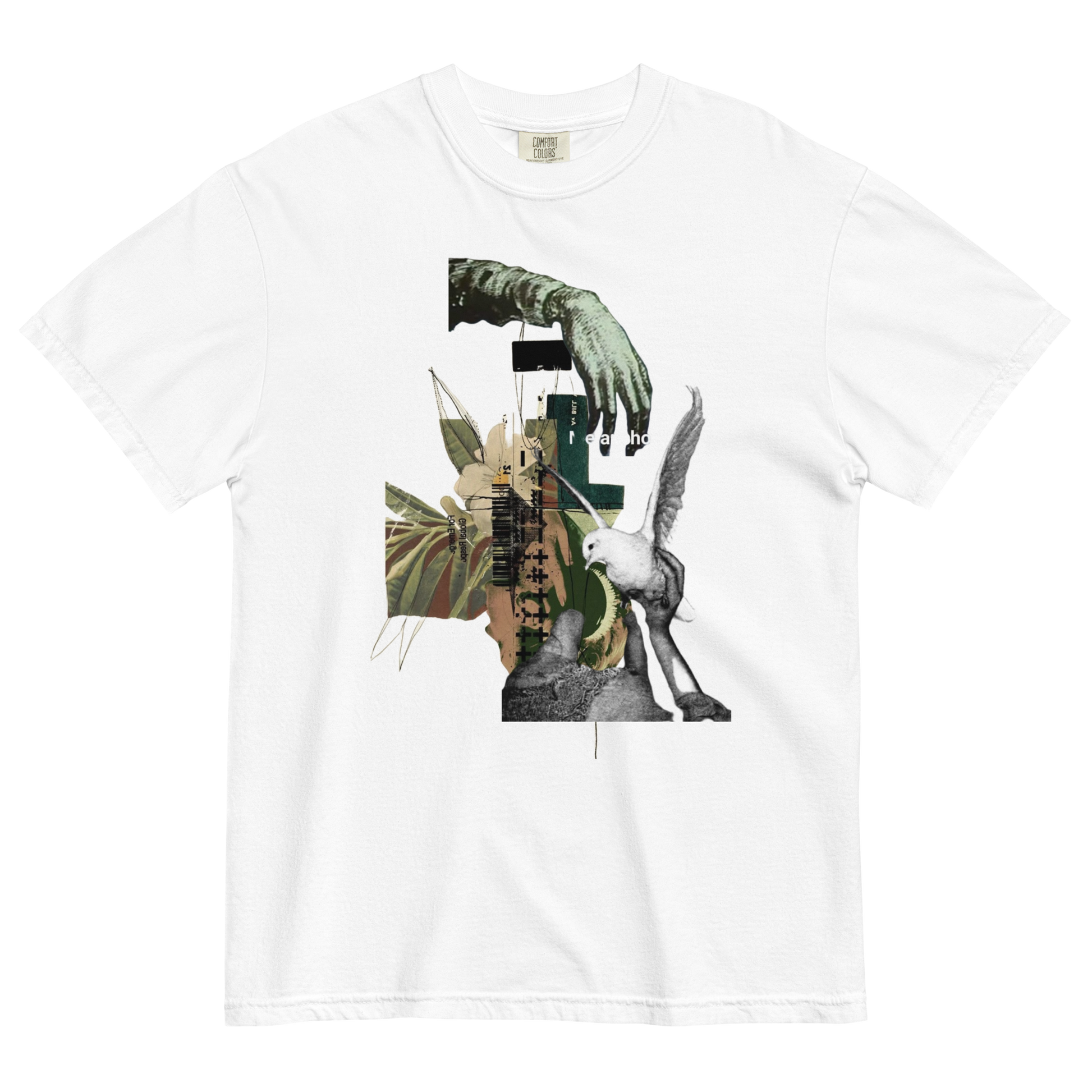 White t-shirt with artistic collage design featuring hands, a dove, and abstract elements on a white background.