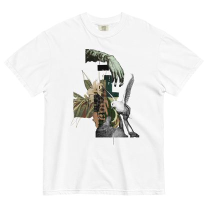 White t-shirt with artistic collage design featuring hands, a dove, and abstract elements on a white background.