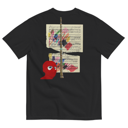 Black t-shirt with a red abstract design and sheet music on a white background