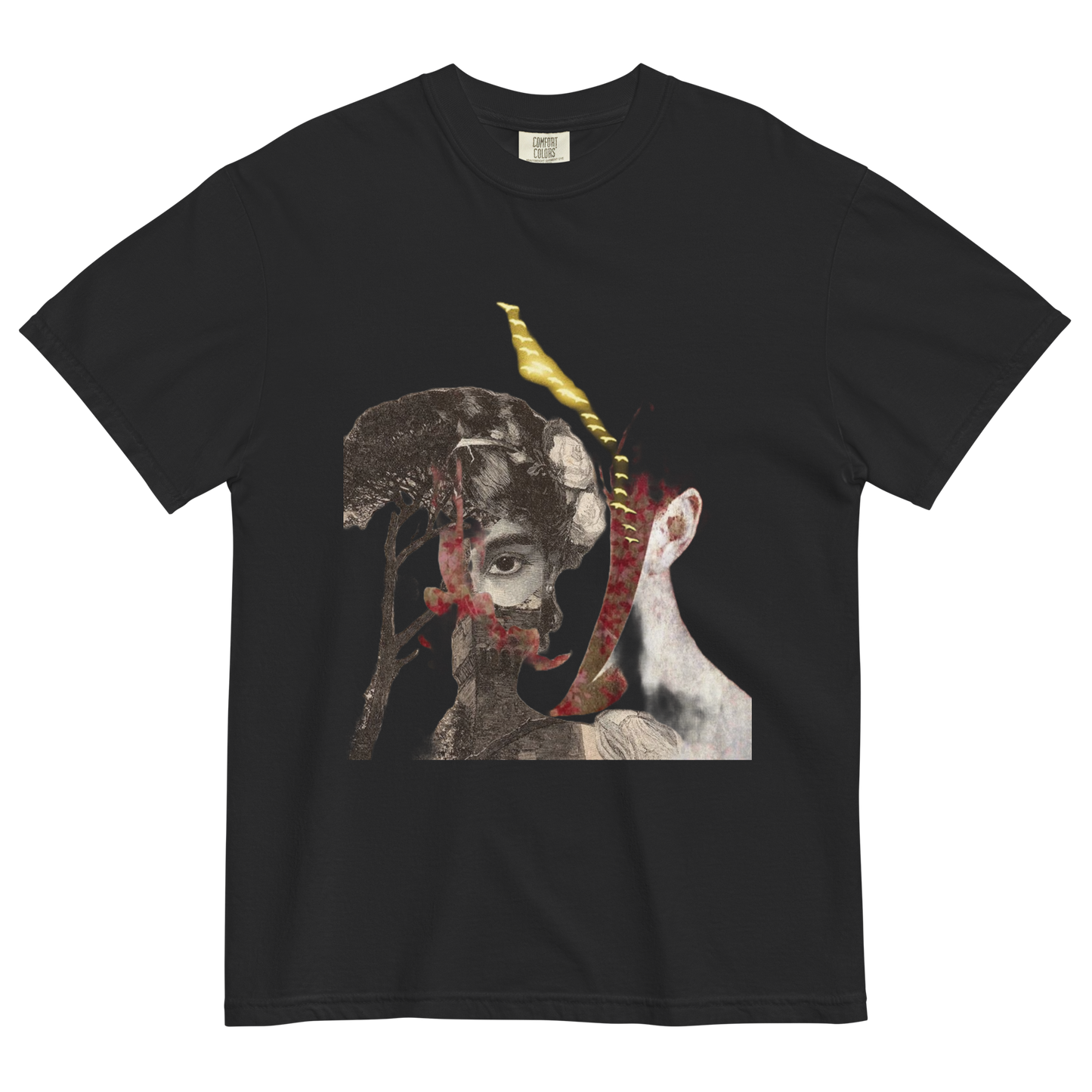 Black t-shirt with a graphic design of a face and abstract elements on a white background