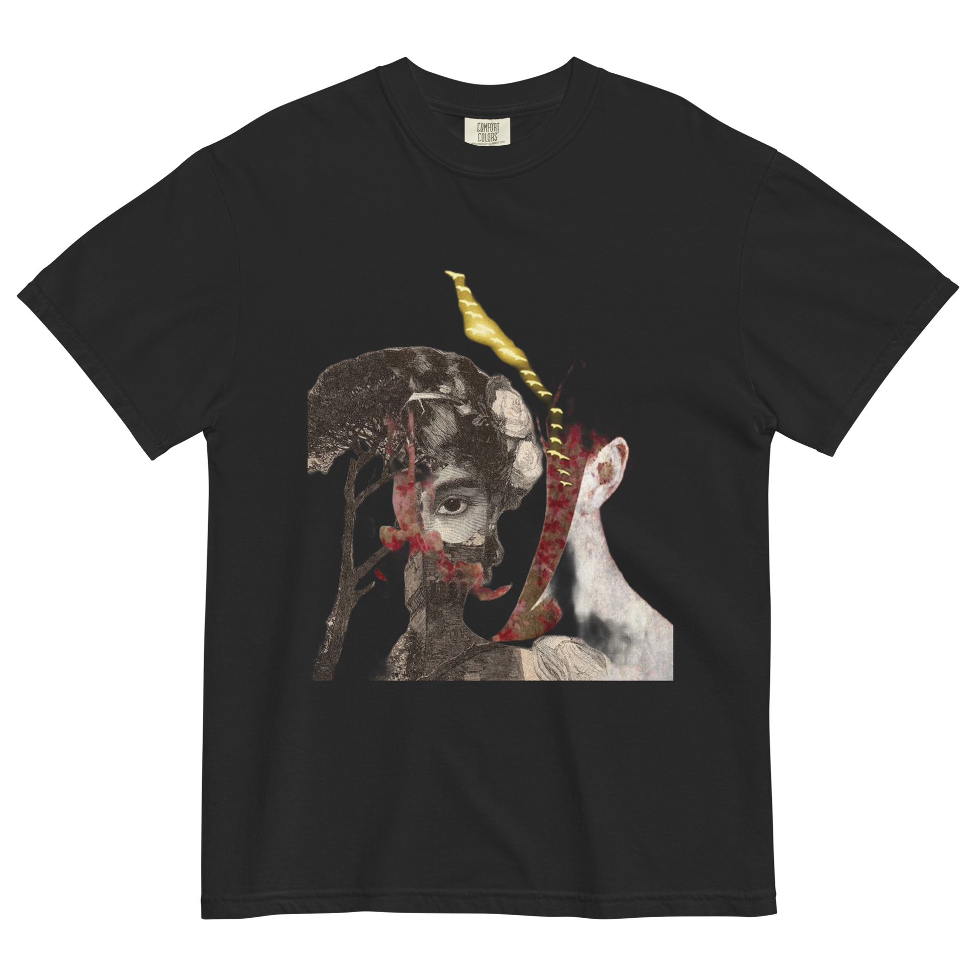 Black t-shirt with a graphic design of a face and abstract elements on a white background