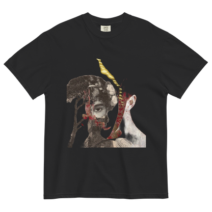 Black t-shirt with a graphic design of a face and abstract elements on a white background