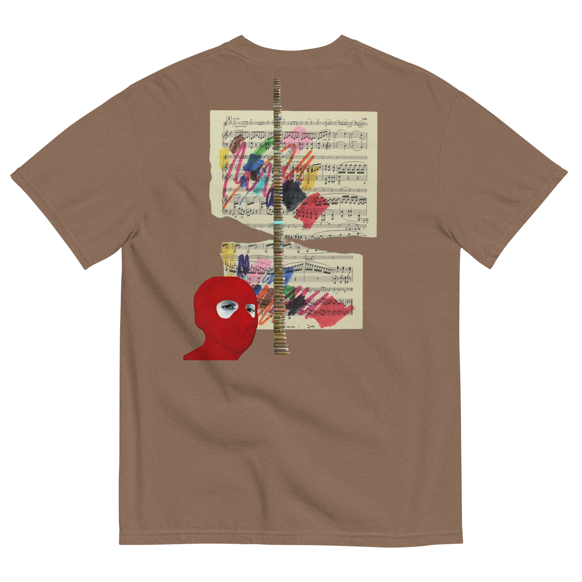 Brown t-shirt with a red face design and sheet music on the back