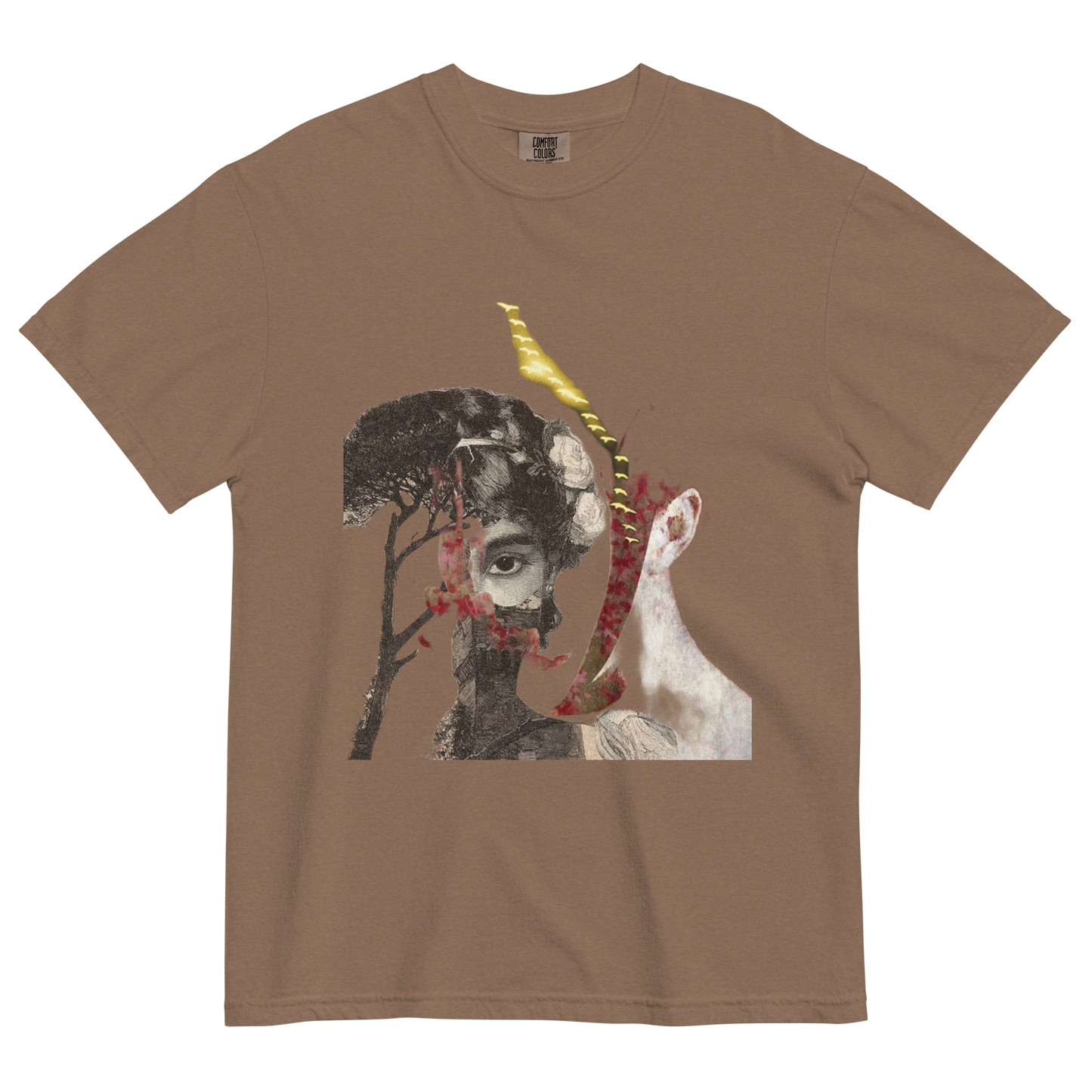 Brown t-shirt with artistic design featuring a face, tree, and animal on a white background