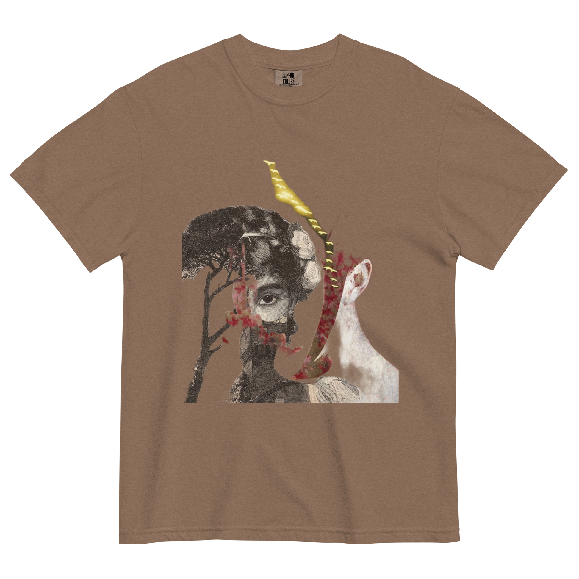 Brown t-shirt with artistic design featuring a face, tree, and animal on a white background