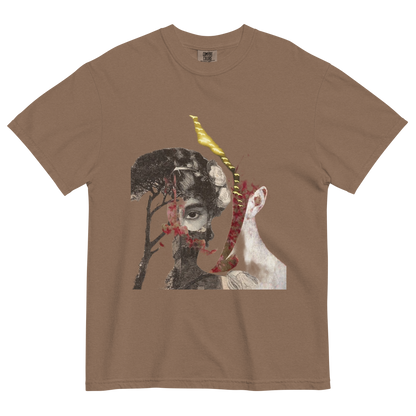Brown t-shirt with artistic design featuring a face, tree, and animal on a white background
