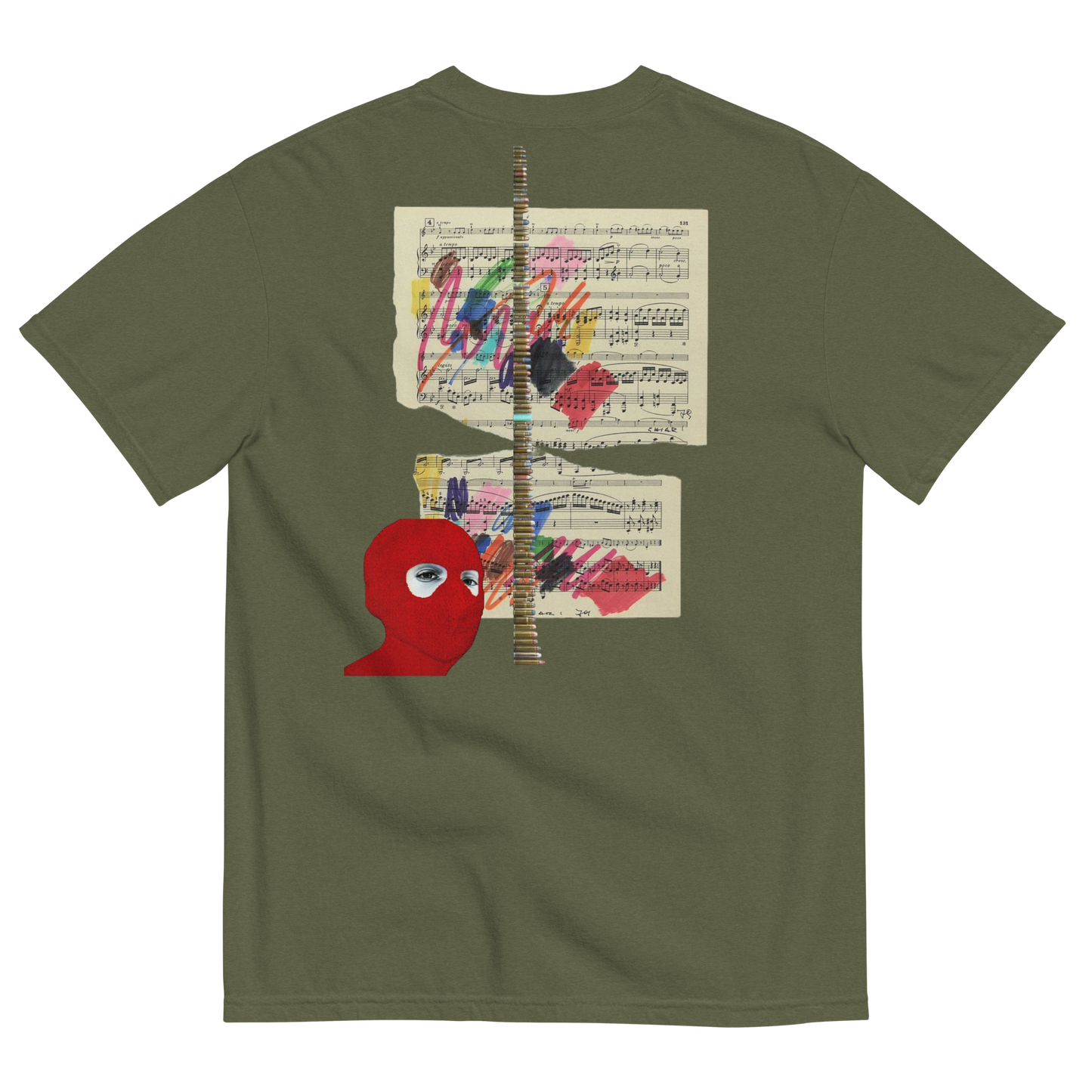 Green t-shirt with a red abstract design and sheet music on a white background