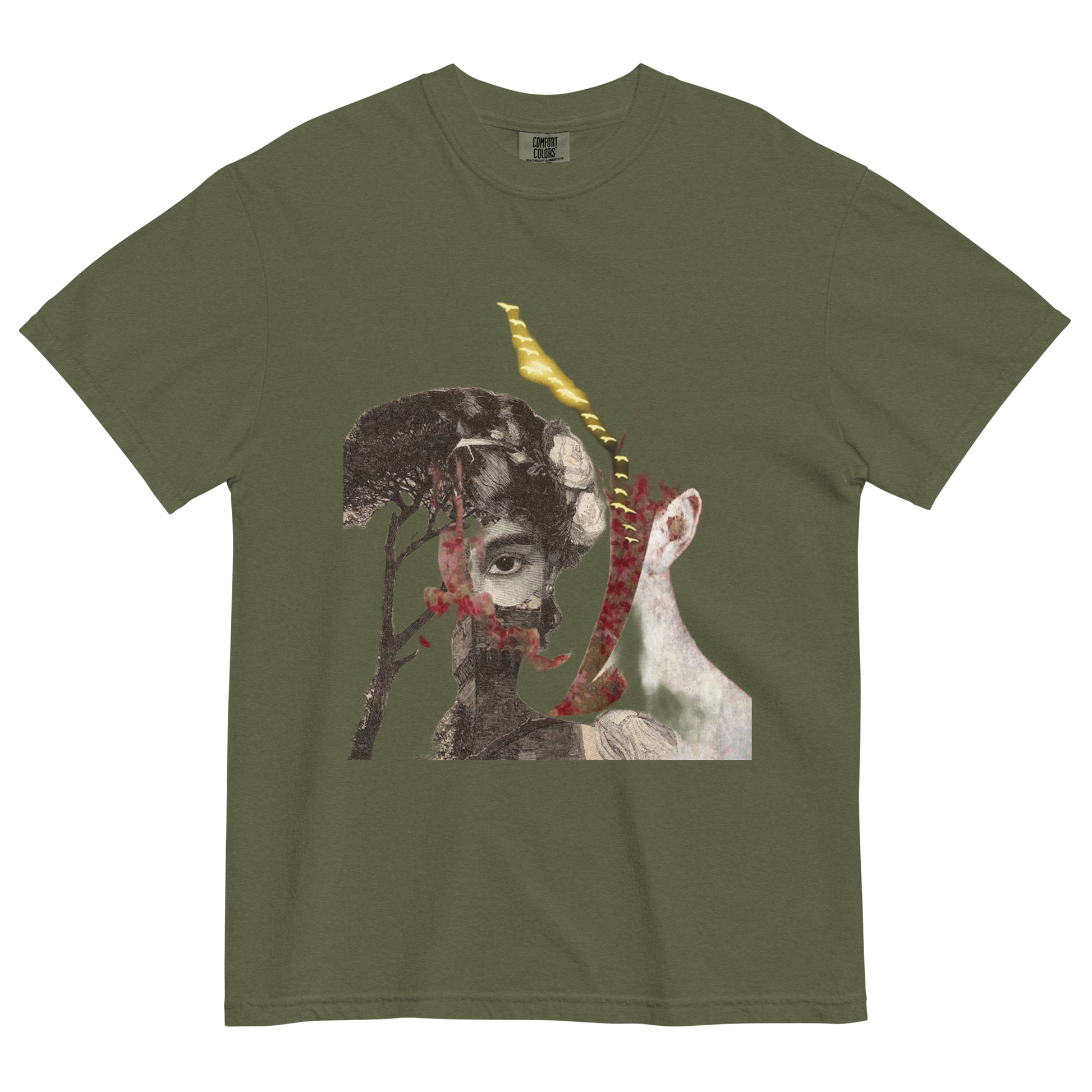 Green t-shirt with a graphic design of a face and animal on a white background