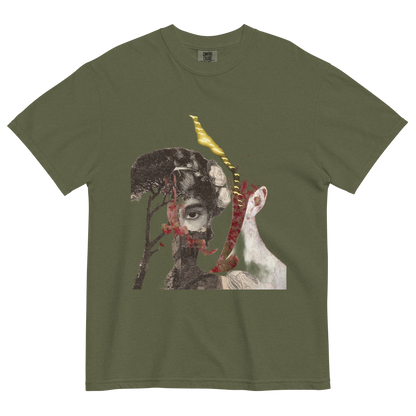 Green t-shirt with a graphic design of a face and animal on a white background