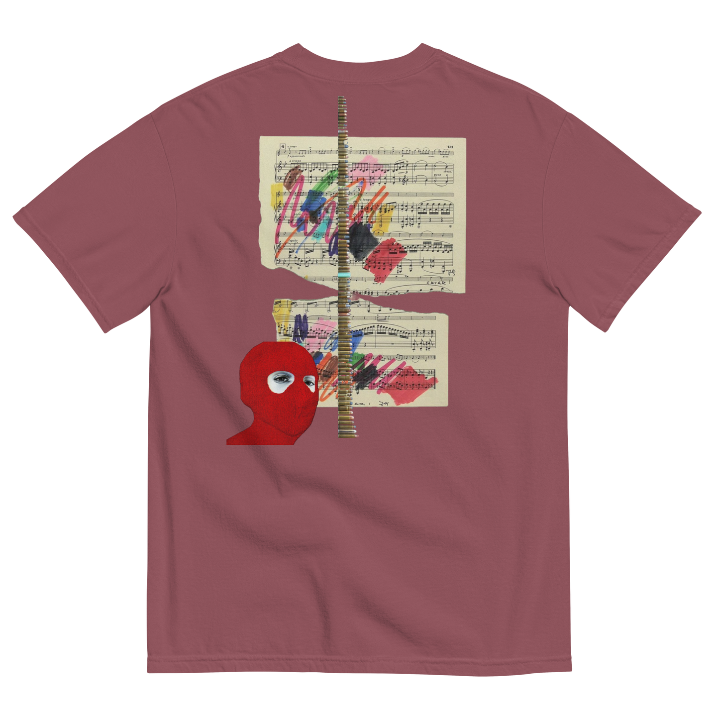 Maroon t-shirt with a unique design on the back featuring a red face, colorful abstract shapes, and sheet music.