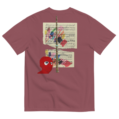 Maroon t-shirt with a unique design on the back featuring a red face, colorful abstract shapes, and sheet music.