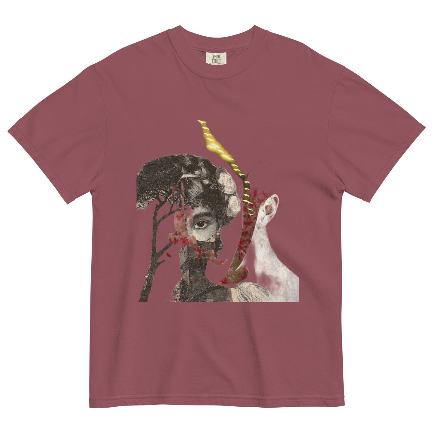 Maroon t-shirt with a graphic design of a person with a snake on their head and a goat, on a white background.