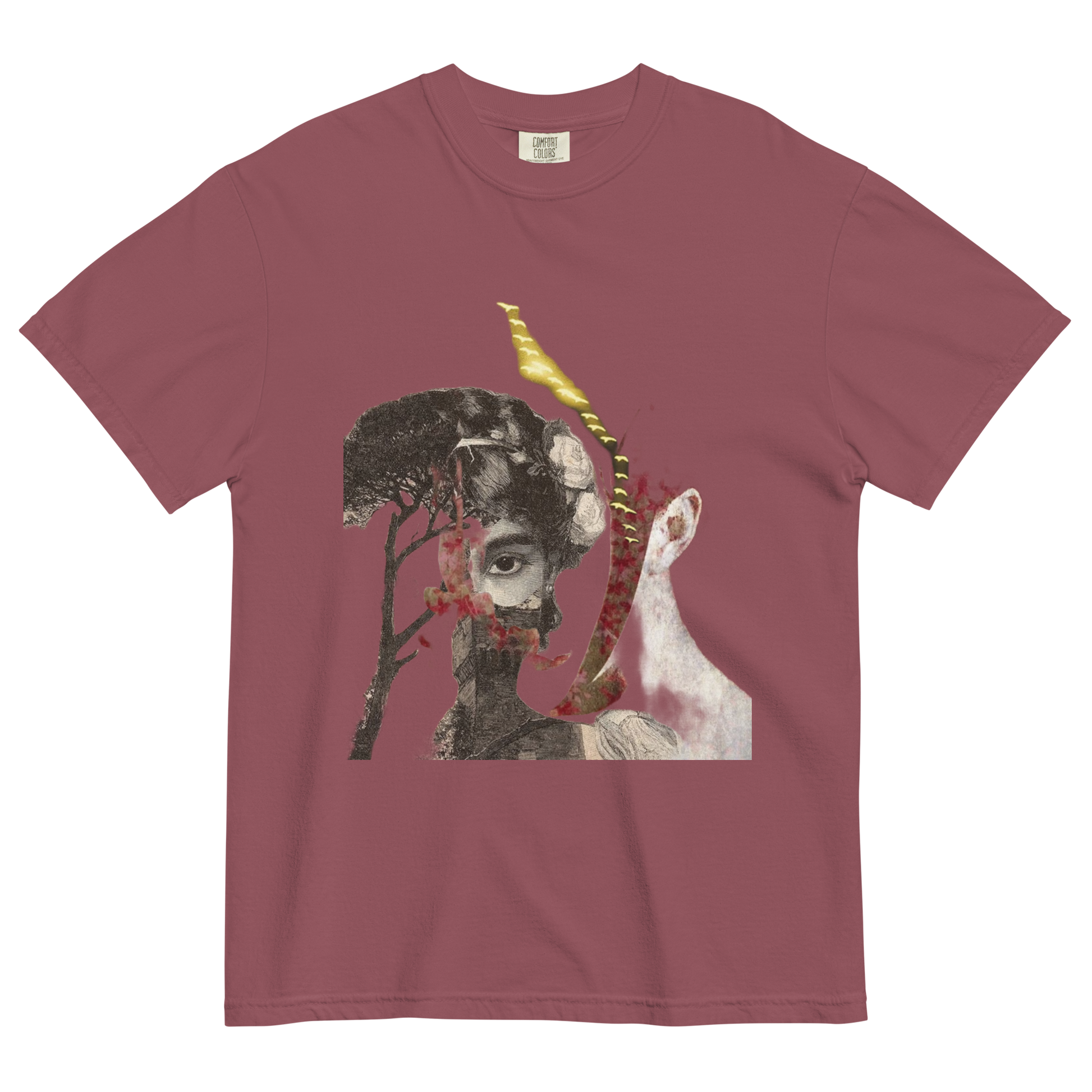 Maroon t-shirt with a graphic design of a person with a snake on their head and a goat, on a white background.