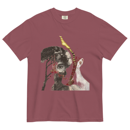 Maroon t-shirt with a graphic design of a person with a snake on their head and a goat, on a white background.