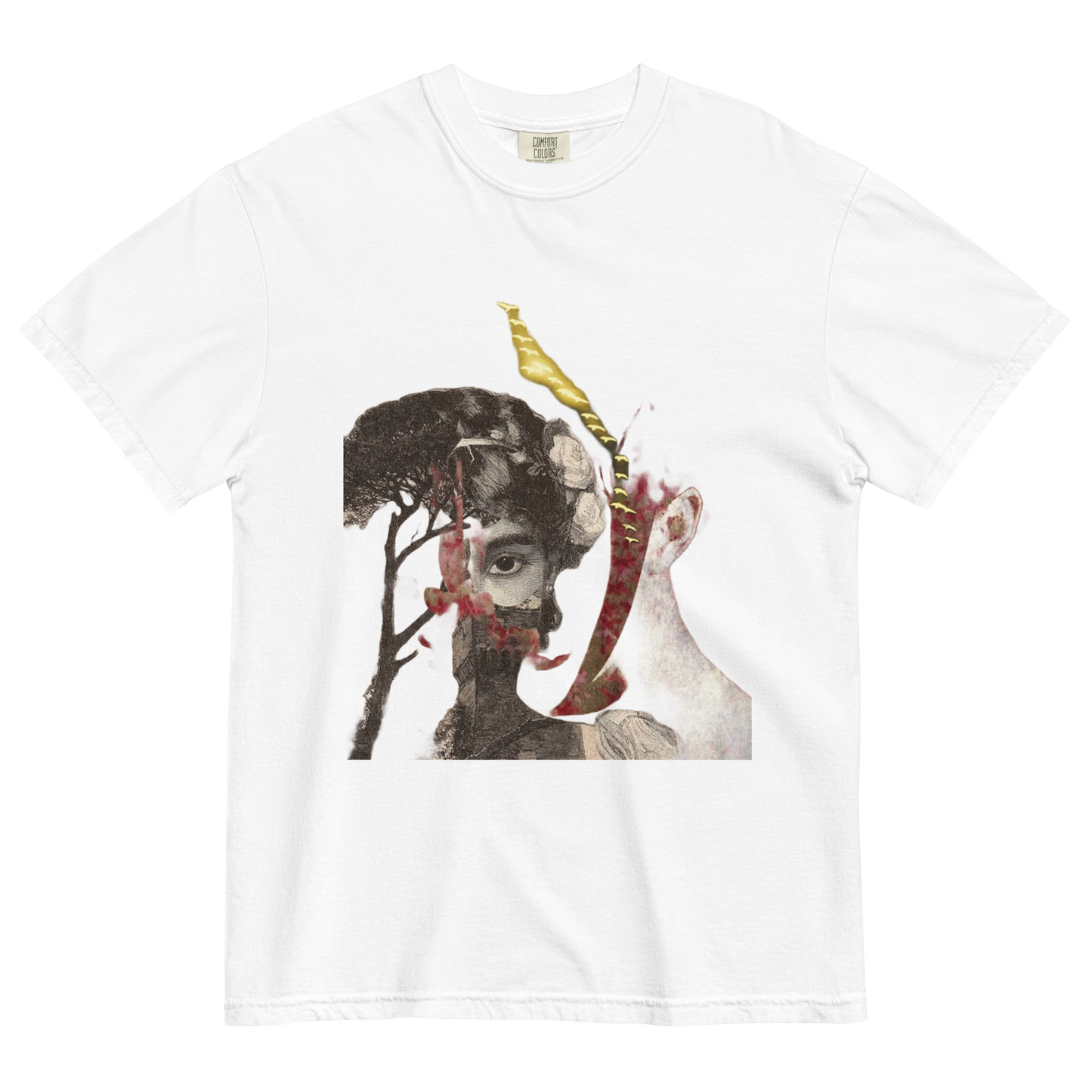 White t-shirt with artistic design featuring a face and abstract elements on a white background