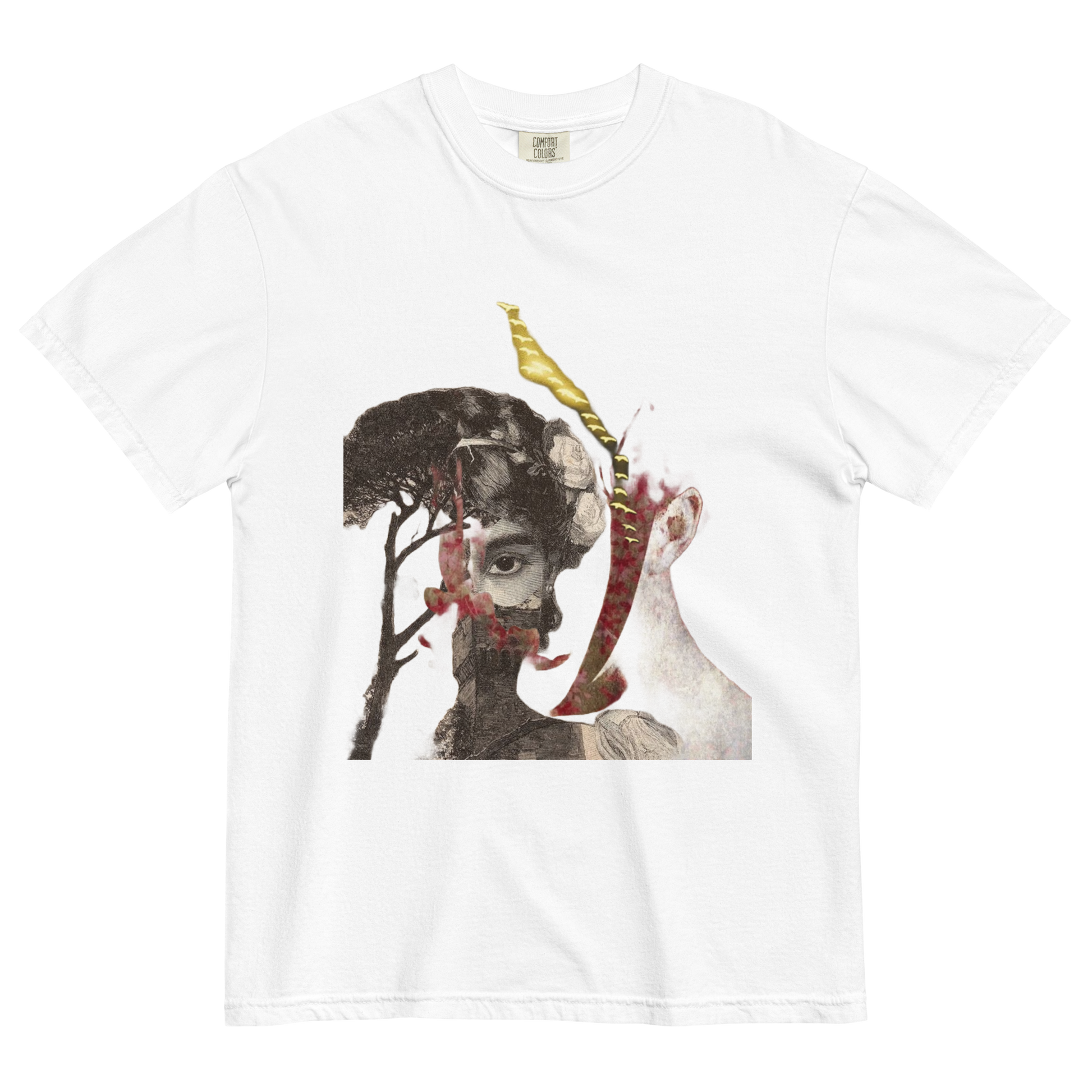 White t-shirt with artistic design featuring a face and abstract elements on a white background