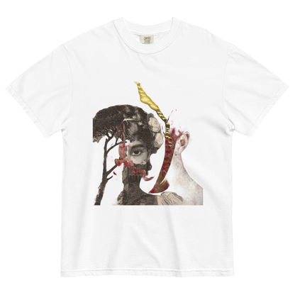 White t-shirt with artistic design featuring a face and abstract elements on a white background