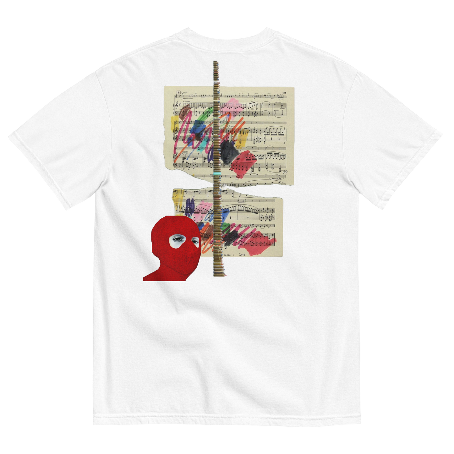 White t-shirt with artistic design featuring a red face and sheet music on a white background