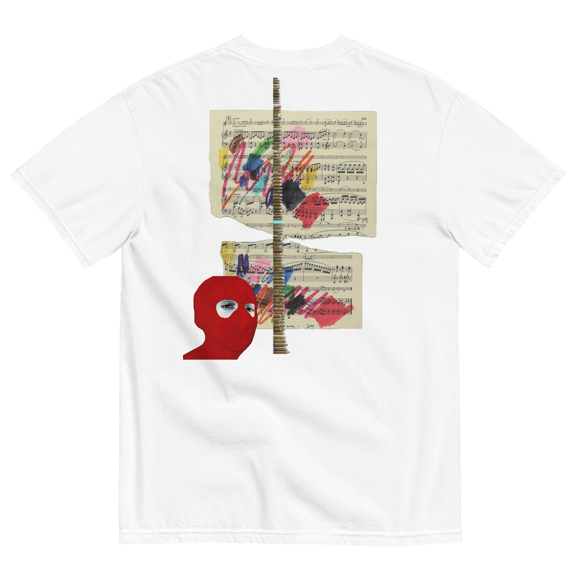 White t-shirt with artistic design featuring a red face and sheet music on a white background