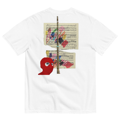 White t-shirt with artistic design featuring a red face and sheet music on a white background