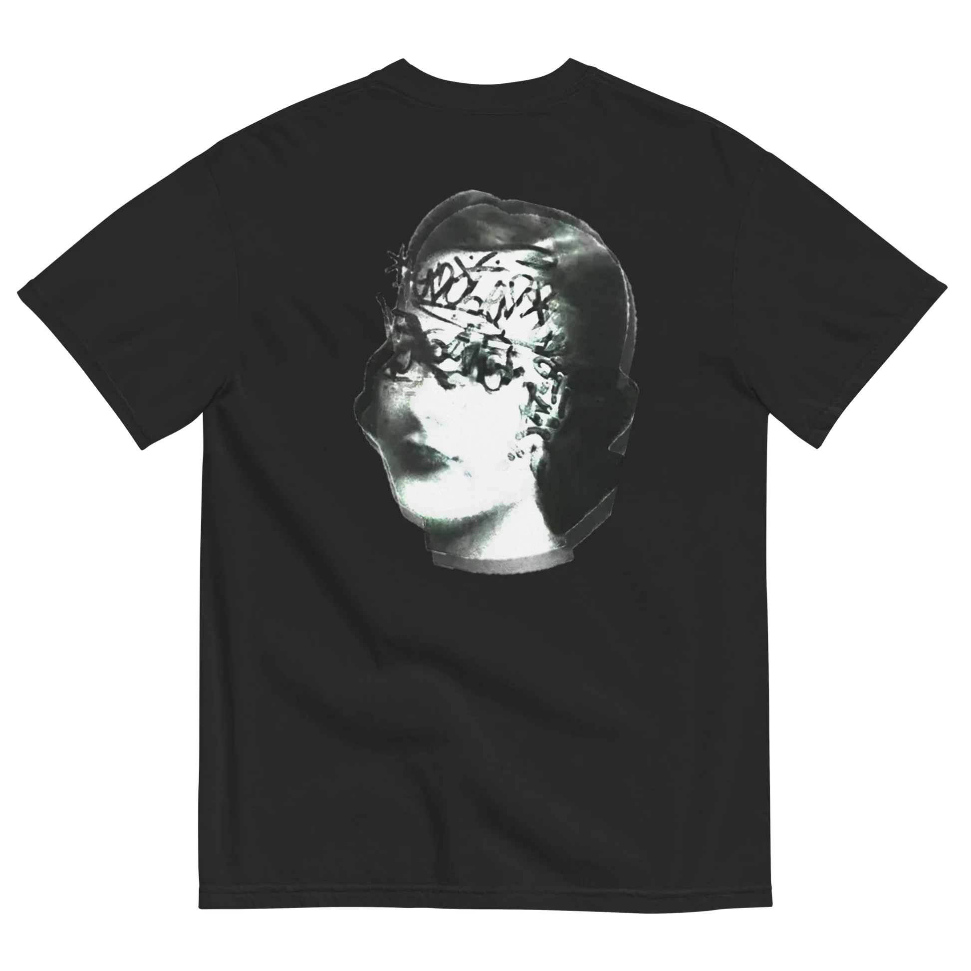 Black t-shirt with a graphic of a classical sculpture on a white background