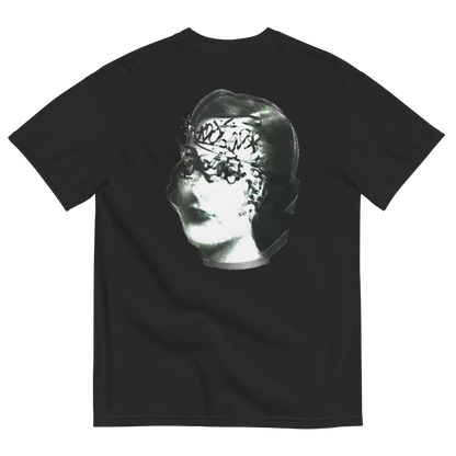 Black t-shirt with a graphic of a classical sculpture on a white background