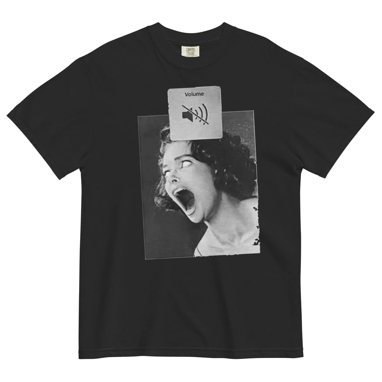 Black t-shirt with a graphic design of a woman yelling and a volume icon on a white background