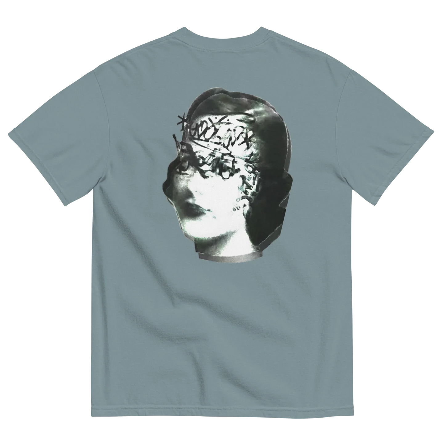 Light blue t-shirt with a graphic of a classical bust and floral crown on a white background