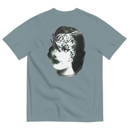 Light blue t-shirt with a graphic of a classical bust and floral crown on a white background
