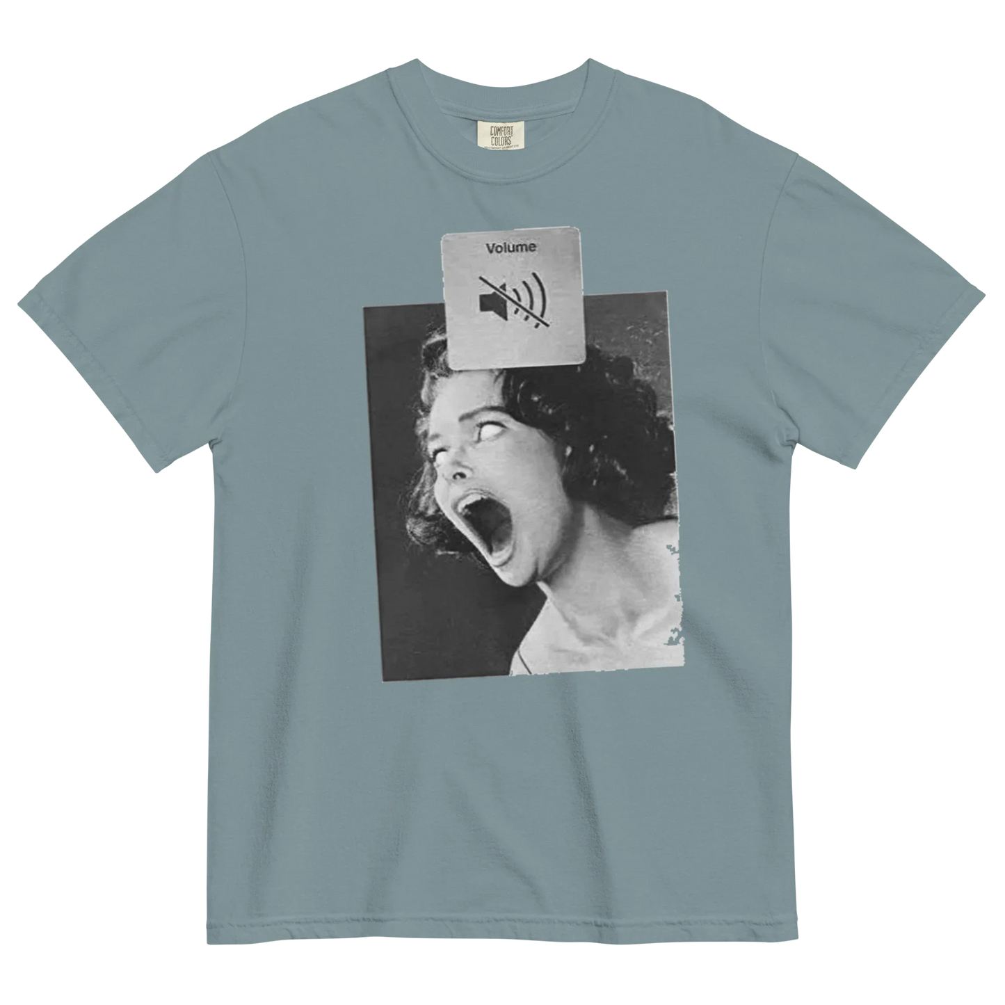 Gray t-shirt with a graphic design of a woman yelling and a volume icon on a white background