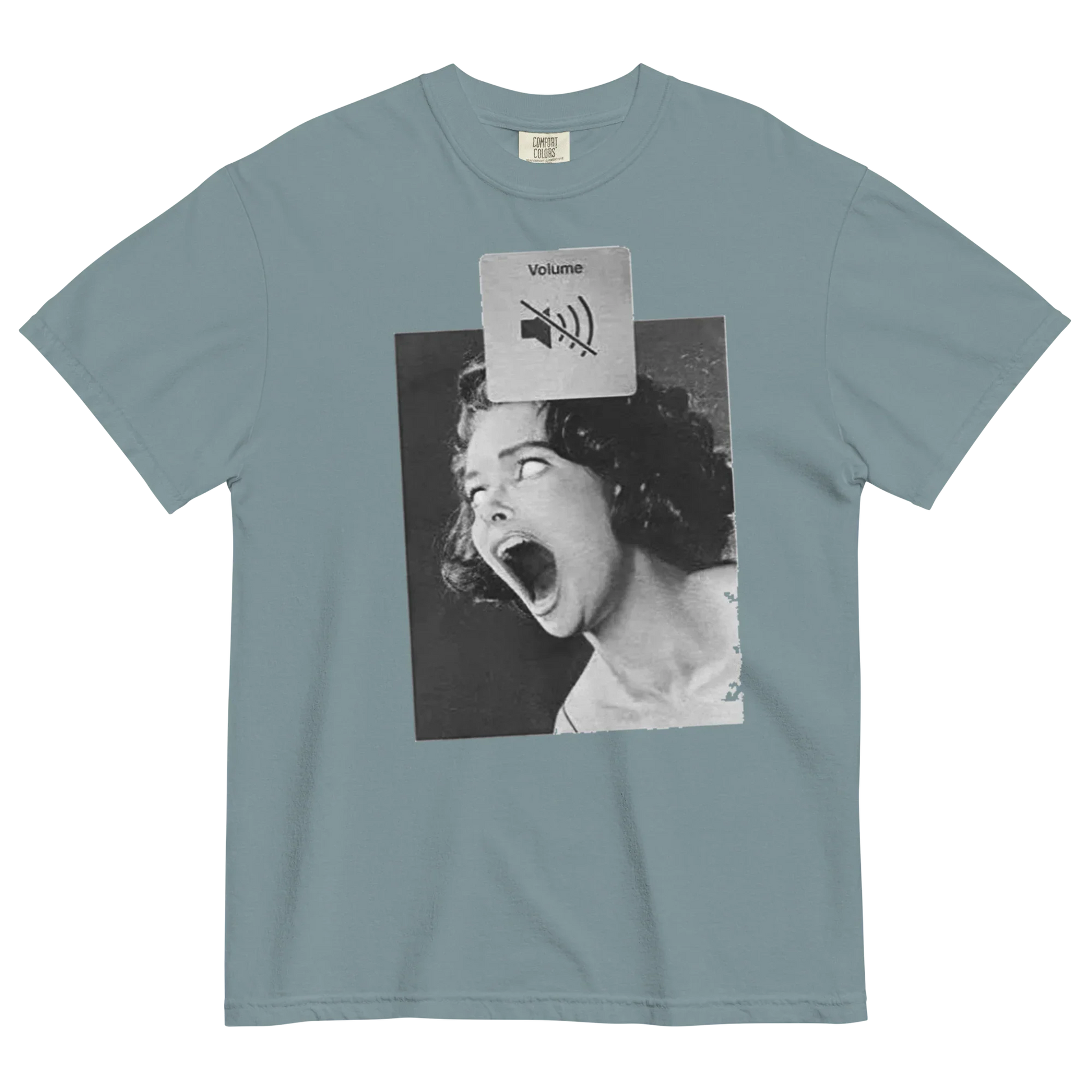 Gray t-shirt with a graphic design of a woman yelling and a volume icon on a white background