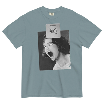 Gray t-shirt with a graphic design of a woman yelling and a volume icon on a white background