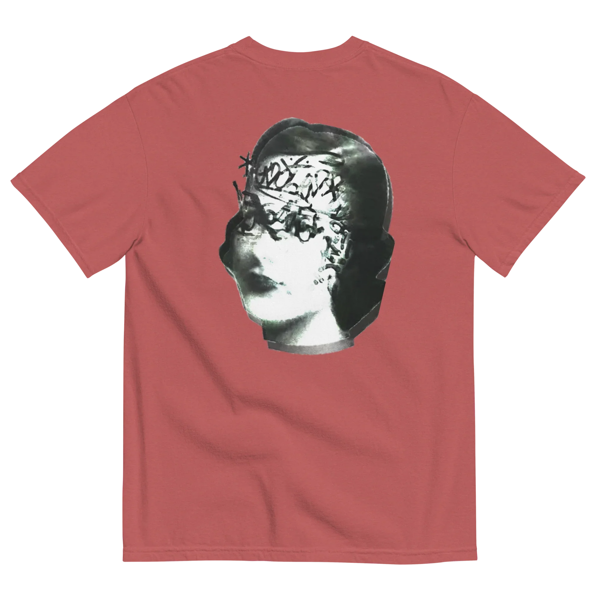 Red t-shirt with a graphic of a classical sculpture on a white background