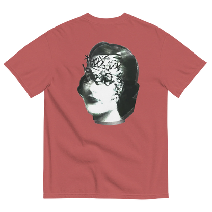 Red t-shirt with a graphic of a classical sculpture on a white background