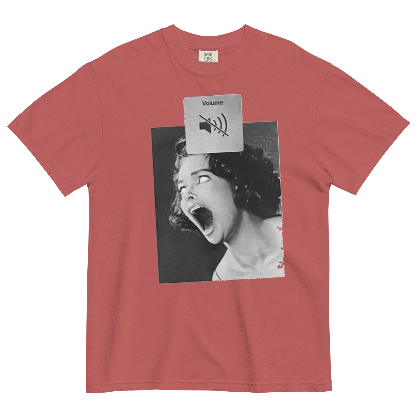 Red t-shirt with a graphic design of a woman yelling and a volume icon on a white background