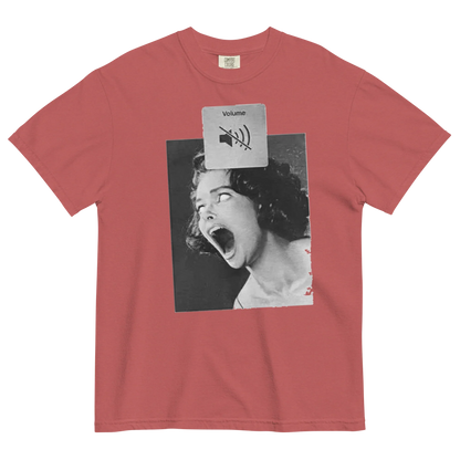 Red t-shirt with a graphic design of a woman yelling and a volume icon on a white background