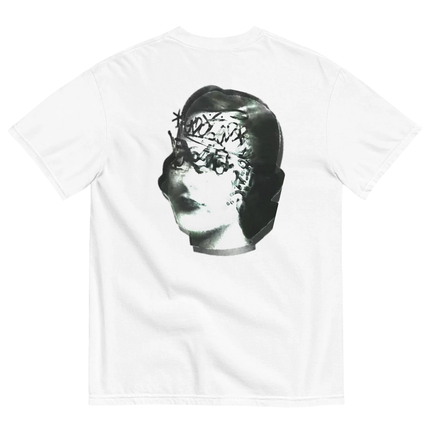 White t-shirt with a graphic of a classical sculpture on a white background