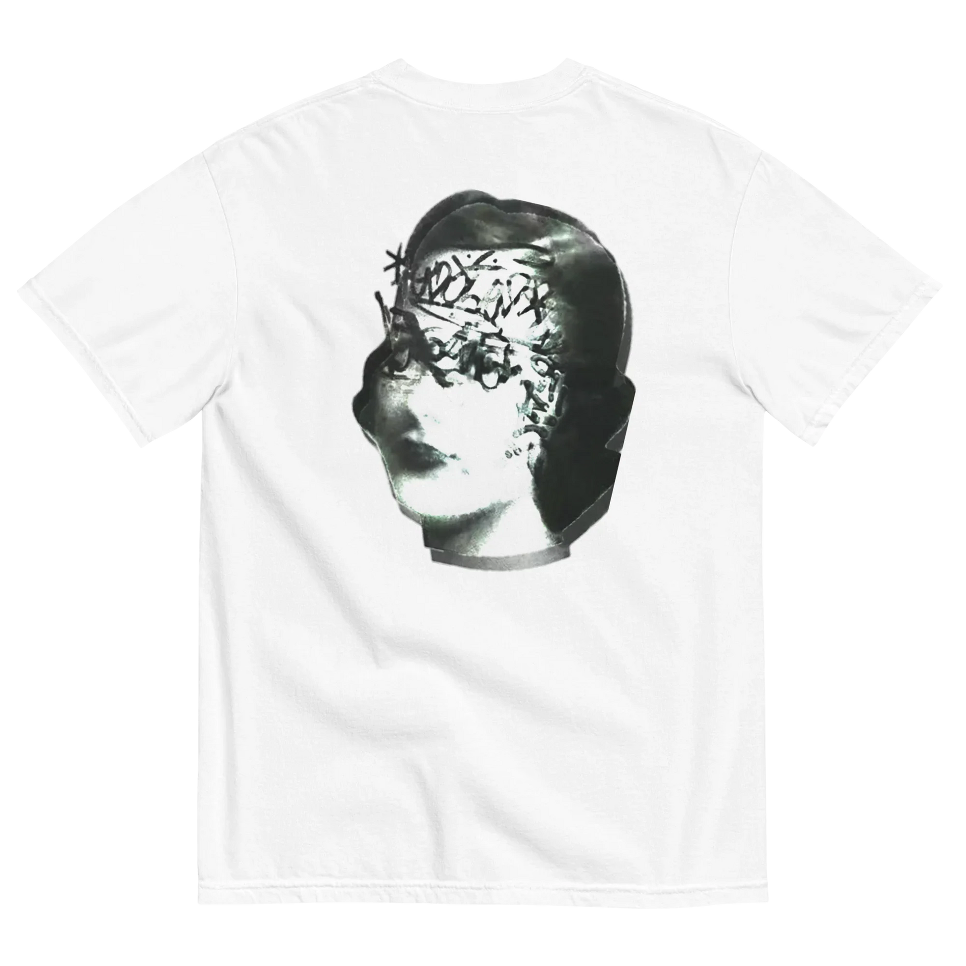 White t-shirt with a graphic of a classical sculpture on a white background