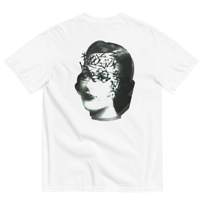 White t-shirt with a graphic of a classical sculpture on a white background