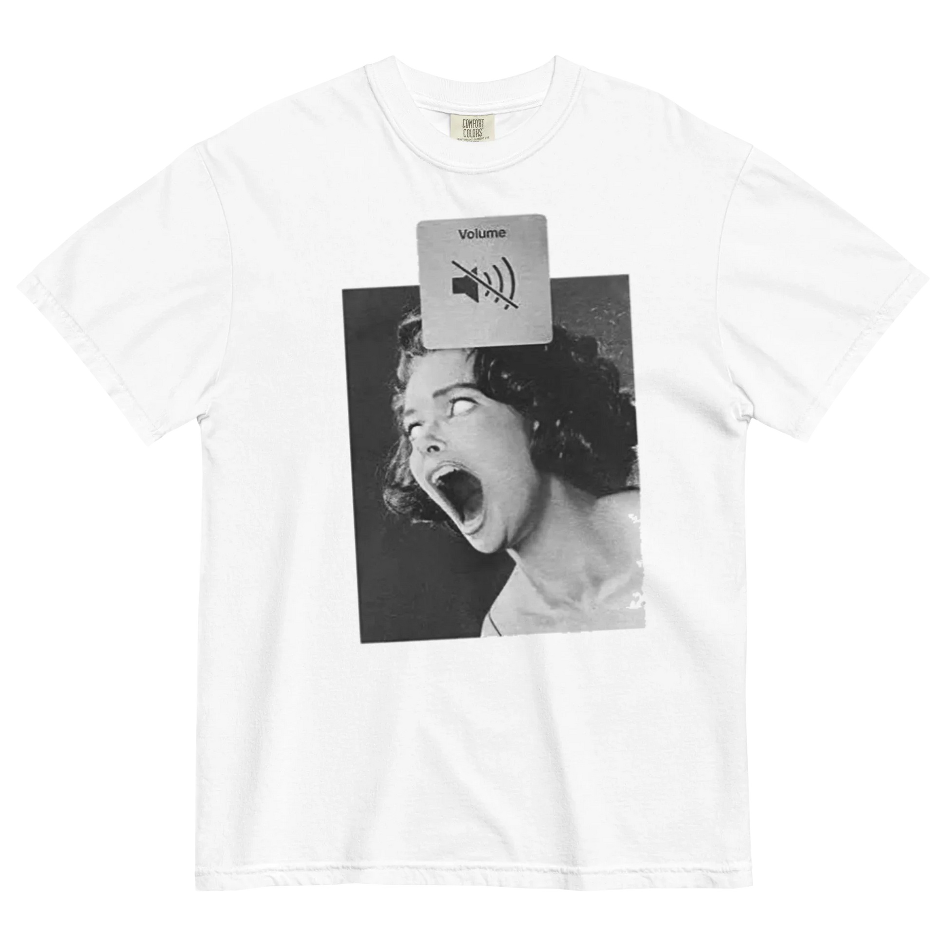 White t-shirt with a graphic design of a woman yelling and a volume icon on a white background