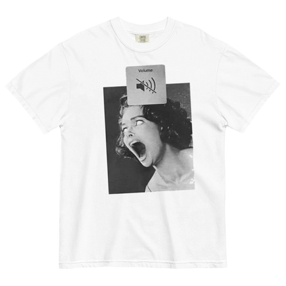 White t-shirt with a graphic design of a woman yelling and a volume icon on a white background
