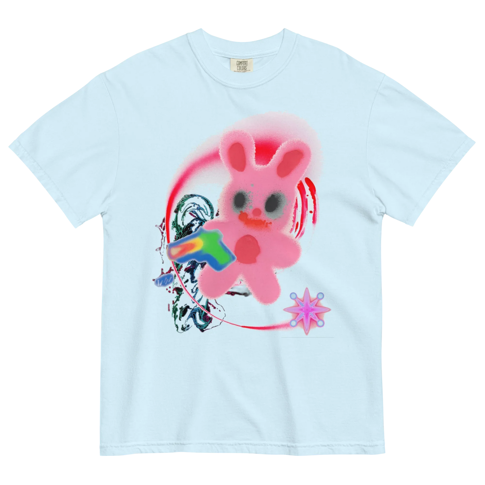 Blue t-shirt with a colorful graphic of a pink bunny & abstract details.