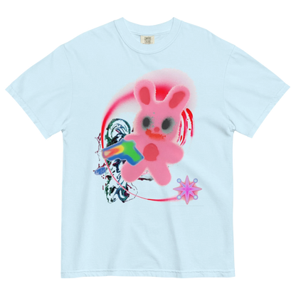 Blue t-shirt with a colorful graphic of a pink bunny & abstract details.