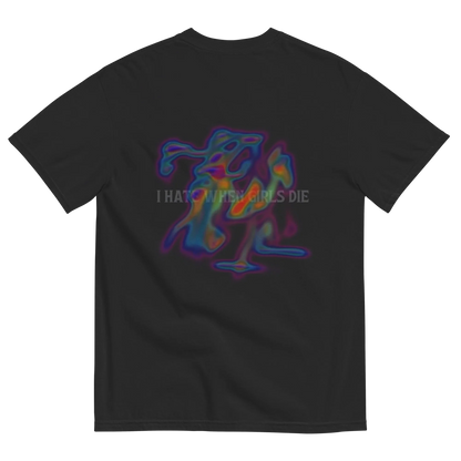 Black t-shirt with colorful graphic and text '' I HATE WHEN GIRLS DIE ''