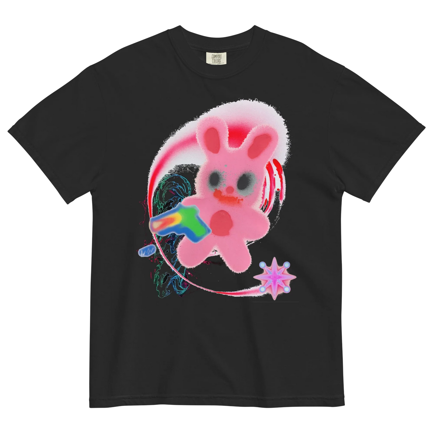 Black t-shirt with a colorful graphic of a pink bunny & abstract details