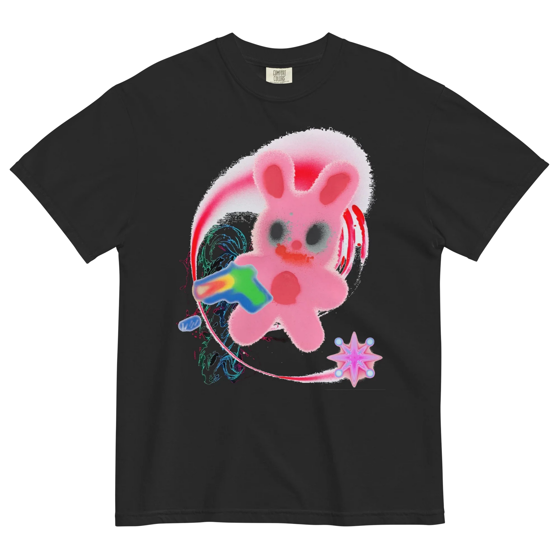 Black t-shirt with a colorful graphic of a pink bunny & abstract details