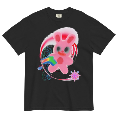 Black t-shirt with a colorful graphic of a pink bunny & abstract details