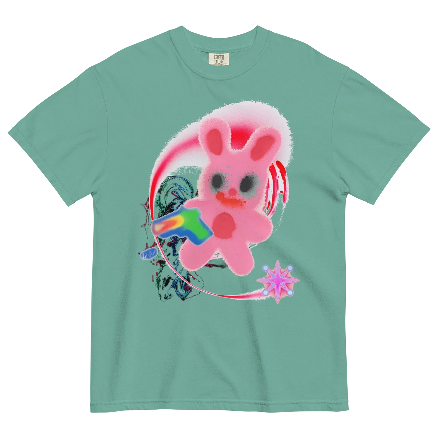 Green t-shirt with a colorful graphic of a pink bunny & abstract details.
