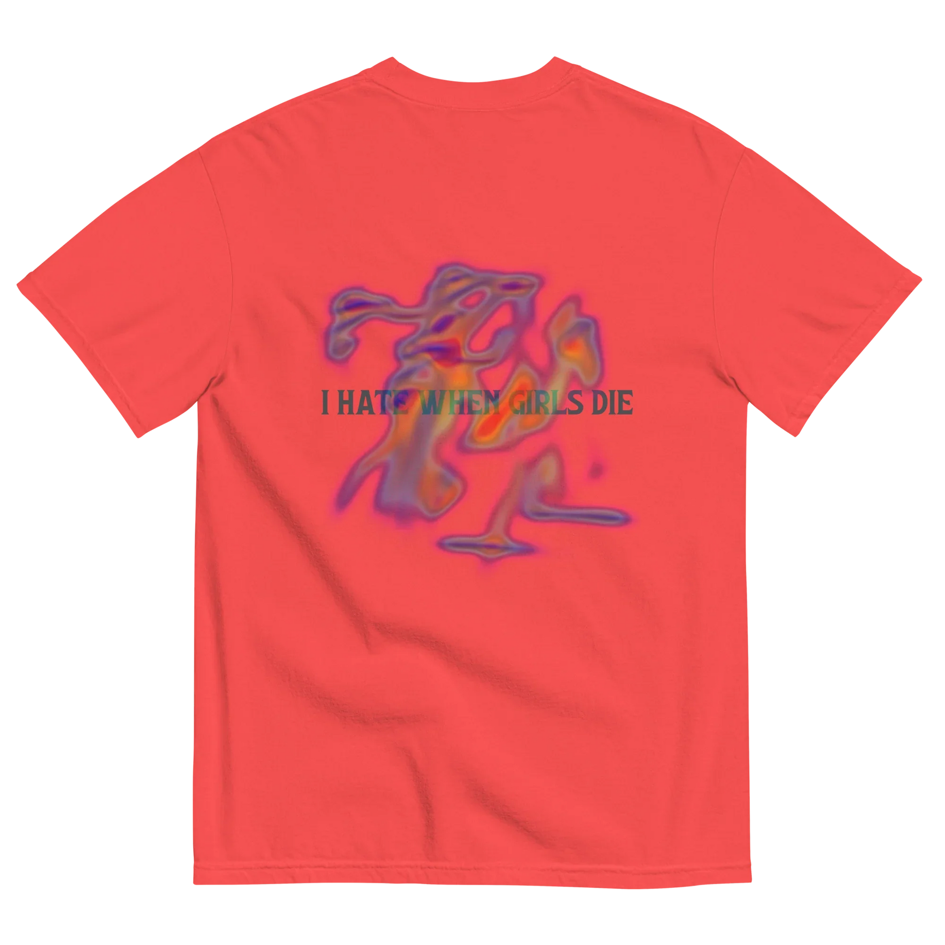 Red t-shirt with colorful graphic and text '' I HATE WHEN GIRLS DIE ''