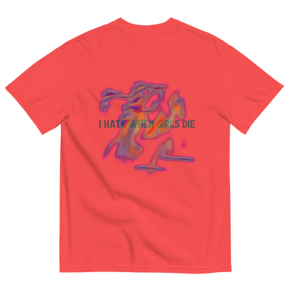 Red t-shirt with colorful graphic and text '' I HATE WHEN GIRLS DIE ''